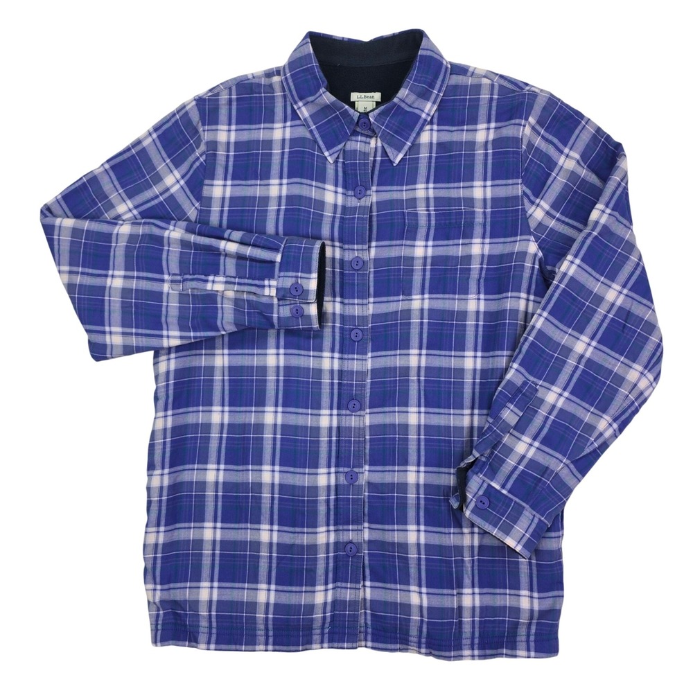 LL Bean Fleece Lined Flannel Shirt Jacket Womens M Purple Plaid Shacket Warm